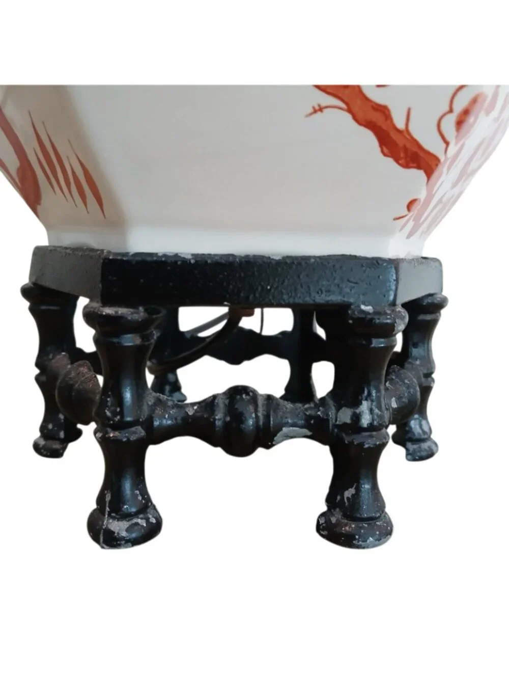 Chinoiserie Orange Blossom Porcelain Table Lamp Faux Bamboo Base 19.5